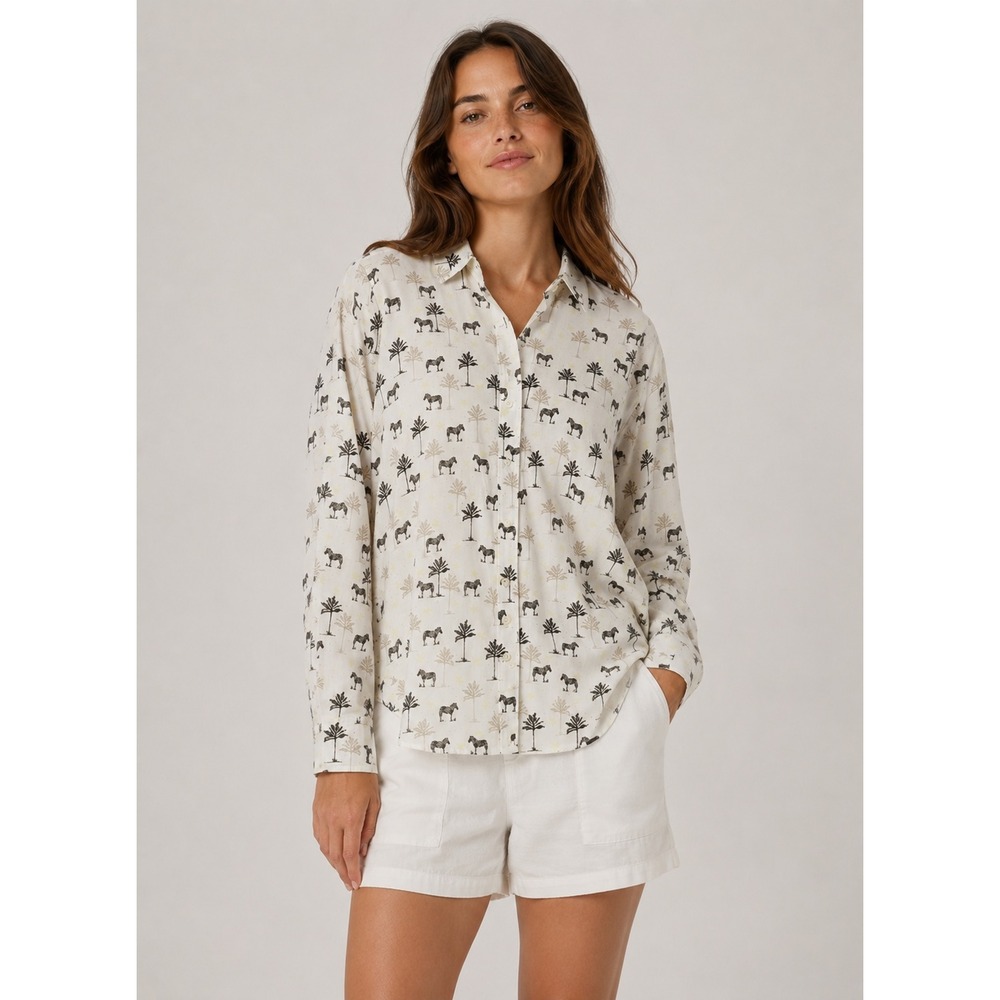 LOFT Womens Zebra Palm Tree Print Button Down Shirt White Small New
